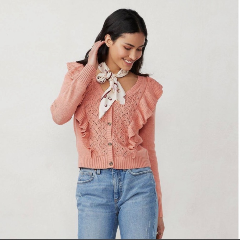 LC Lauren Conrad Pink Ruffle Cable-Knit Button Cardigan